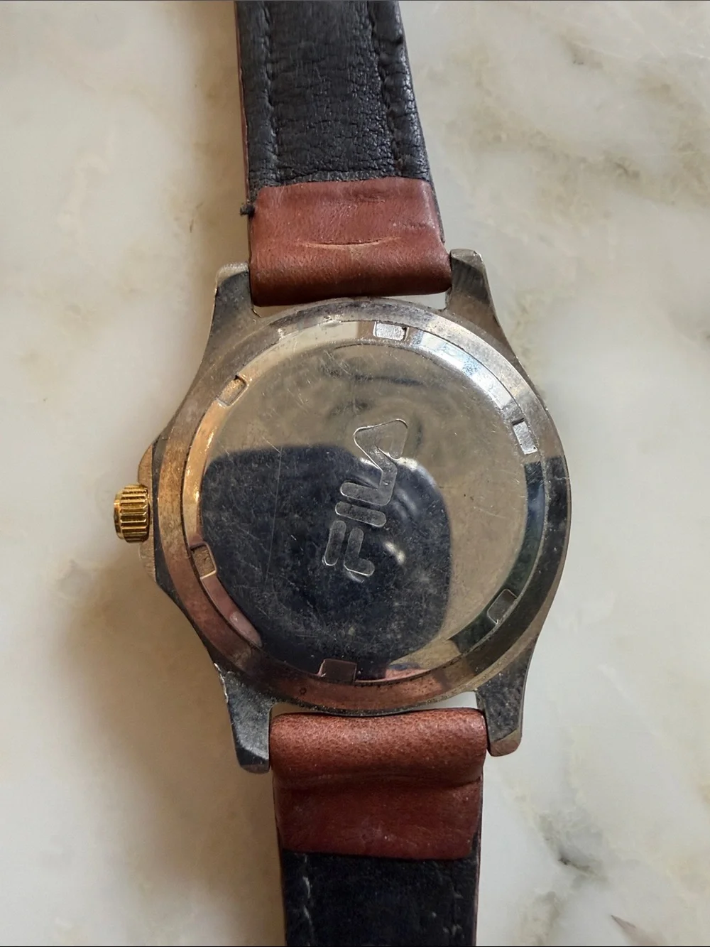 Vintage FILA Professional Meters Brown Leather Watch Gold Dial Needs Battery